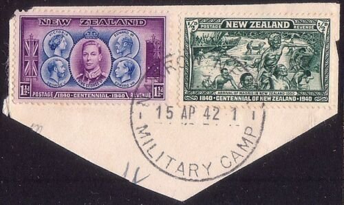 NEW ZEALAND 1942 NARROW NECK MILITARY CAMP cds on piece....................32538 