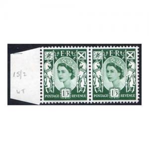 Scotland XS23a 1/3 Green Crowns Wmk Whiter Paper Pair Broken Oblique in Value