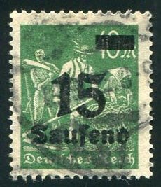 Germany #243 (Mi. 279II)_ Cat€500, 1923 15th m on 40m green, with broken D...