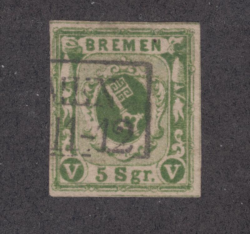 Bremen Sc 4b used 1856 5sgr yellow green Coat of Arms, 4 margins, Scarce