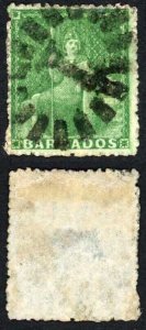 Barbados SG13 (1/2d) yellow-green pin perf 14 Cat 450 pounds