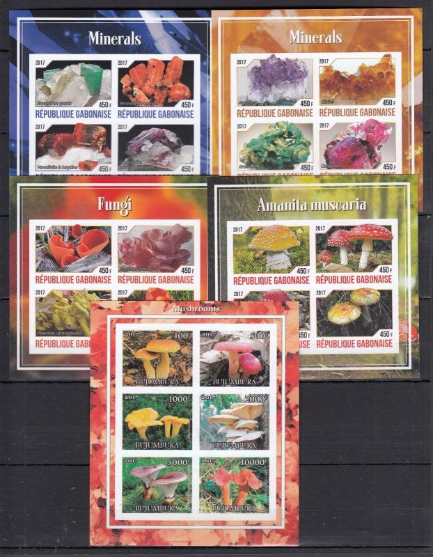 5pcs Nature Mushrooms Fungi Minerals imperf - Private Issue [FGG] not MNH