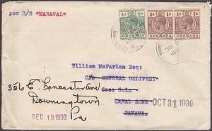 GRENADA 1930 cover per SS Maraval to PANAMA - redirected to USA............54758 