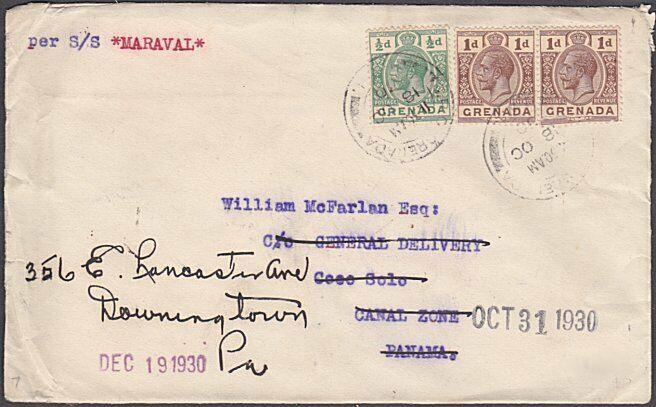 GRENADA 1930 cover per SS Maraval to PANAMA - redirected to USA............54758 