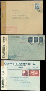 1943-5 WWII PORTUGAL, LOT/3 Censored to USA, W Tape, LISBON CDSs, All Commercial