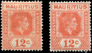 Mauritius SC# 216, 216a  SG# 257, 257a perf 14, perf 15x14 George VI MH