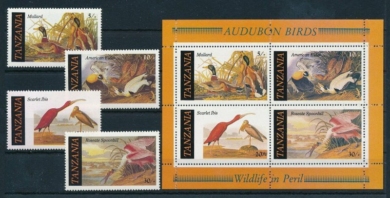 [110073] Tanzania 1986 Birds vögel oiseaux ducks Audubon With souv. Sheet MNH