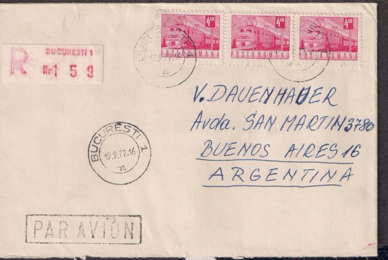 ROMANIA: #2281 Cover 1972 Registered Air Cover to Argentina Train motif