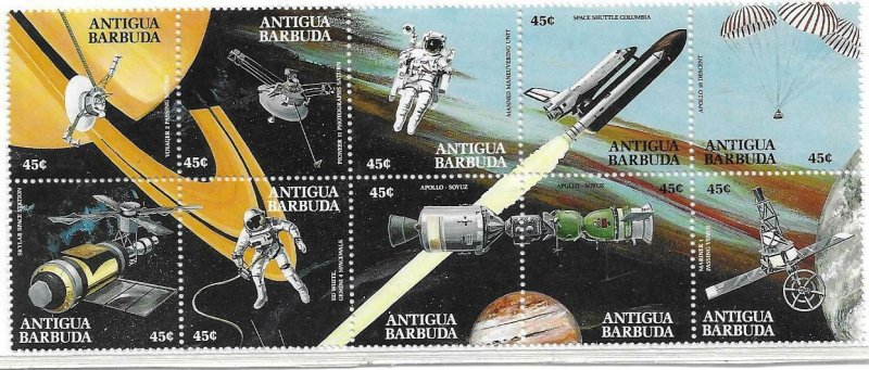 1990    ANTIGUA  -  SG. 1395 / 1404 - BLOCK OF 10 -  ACHIEVEMENTS IN SPACE - MNH