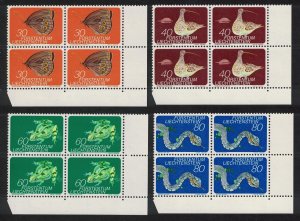 Liechtenstein Butterfly Bird Amphibian Reptile 4v Corner Blocks of 4 1973