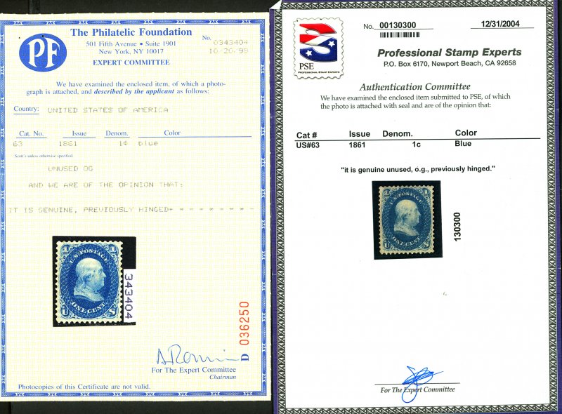 U.S. #63 MINT with PF/PSE Cert OG Previously Hinged