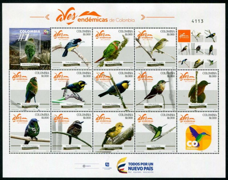 HERRICKSTAMP NEW ISSUES COLOMBIA Sc.# 1475 Endemic Birds Sheetlet