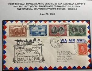 1939 Shediac Canada First Flight Airmail Cover To Sydney Australia Via Ireland 