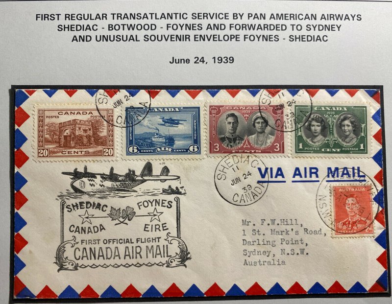 1939 Shediac Canada First Flight Airmail Cover To Sydney Australia Via Ireland 