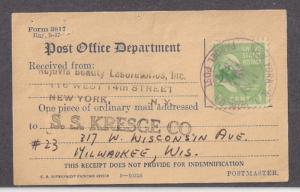 1c Prexie #804 used on Certificate of Mailing postal form NYC Sta O Parcel Post