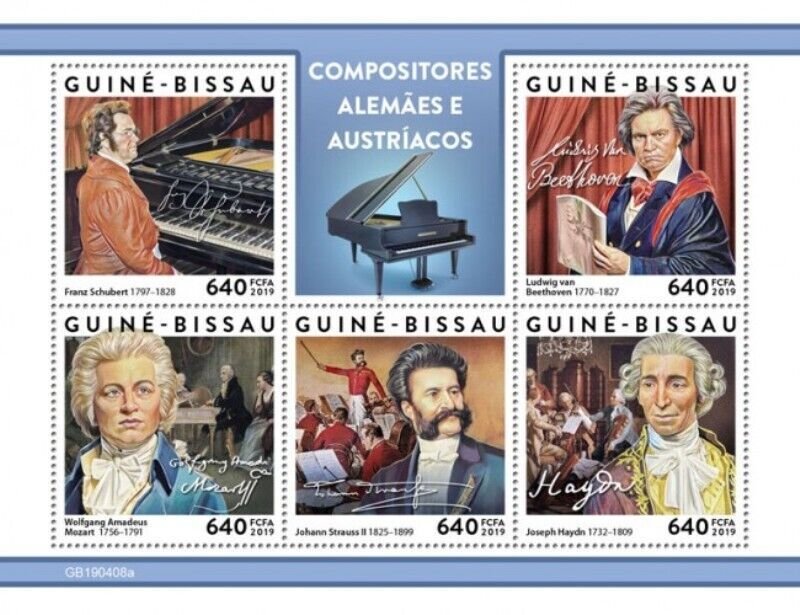 Guinea-Bissau - 2019 German-Austrian Composers - 5 Stamp Sheet - GB190408a