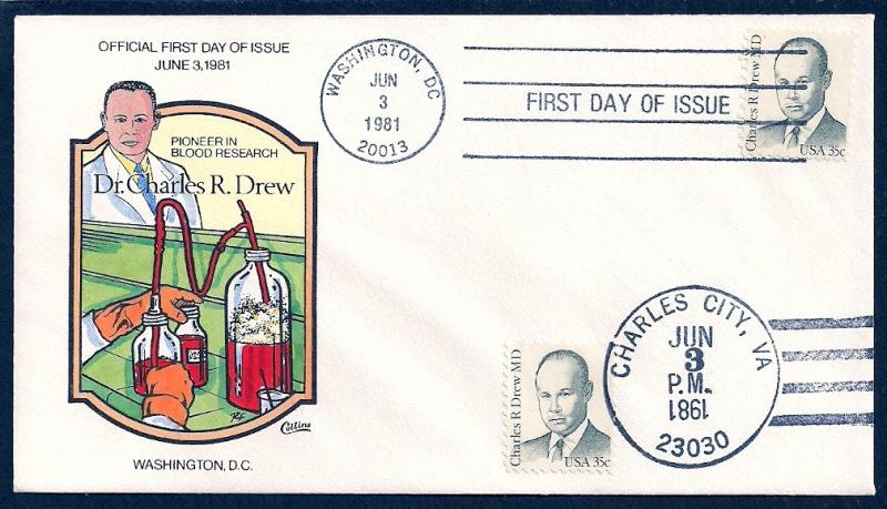 UNITED STATES FDC 35¢ Dr Charles Drew DUAL 1981 Collins H-P