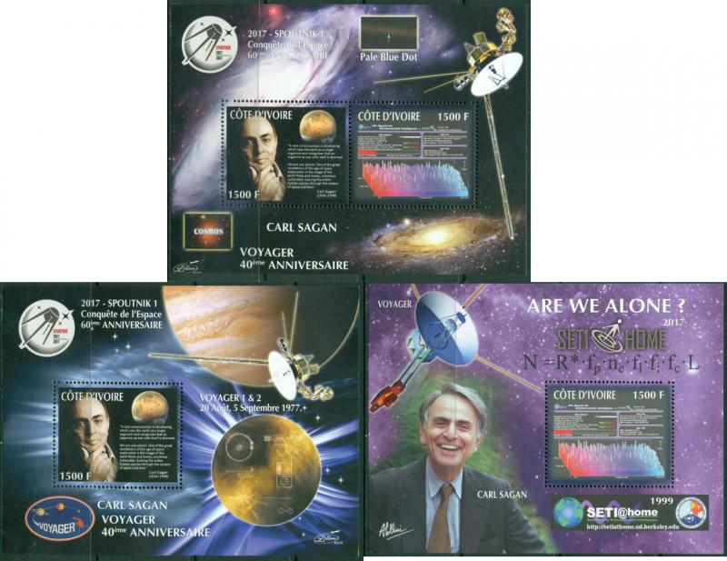 Carl Sagan Space Voyager Science Ivory Coast MNH stamp set 3 sheets