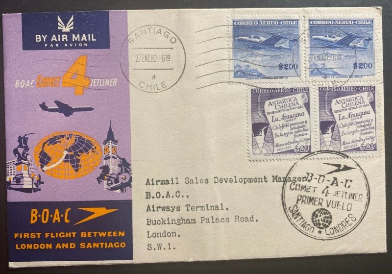 1960 Santiago Chile First Flight Cover FFC To London England BOAC Jet Liner 