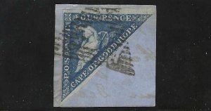SOUTH AFRICA CAPE OF GOOD HOPE 1864 FOUR PENCE DEEP BLUE S.G. 19 TIED TO PIECE