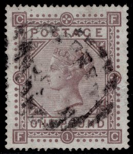 GB QV SG132, SCARCE £1 brown-lilac WMK ANCHOR BLUED PAPER, USED. Cat £7500. FC