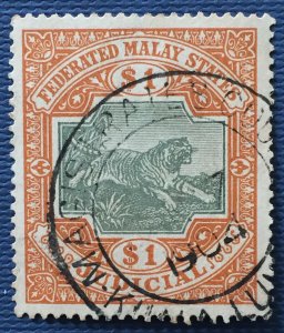 FEDERATED MALAY STATES FMS JUDICIAL TIGER 1900 $1 Wmk CC USED ISC#FJ23b M5231