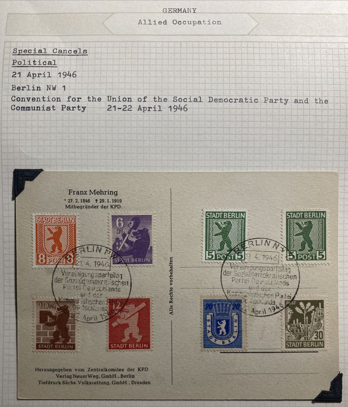 1946 Berlin Germany First Day Postcard Cover FDC Social Democrat Party Mehring