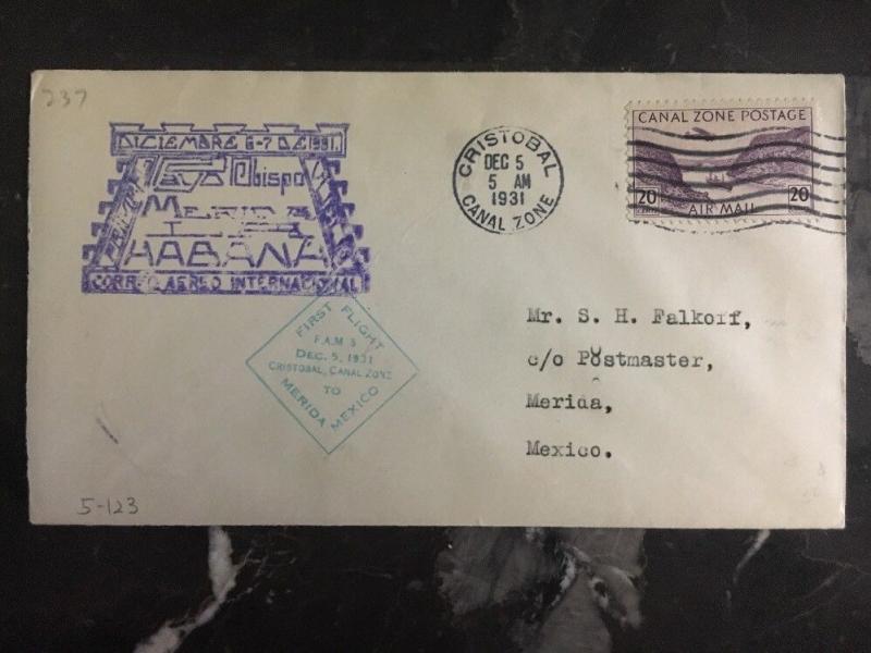 1931 Canal Zone Panama first flight cover FFC To Merida Mexico