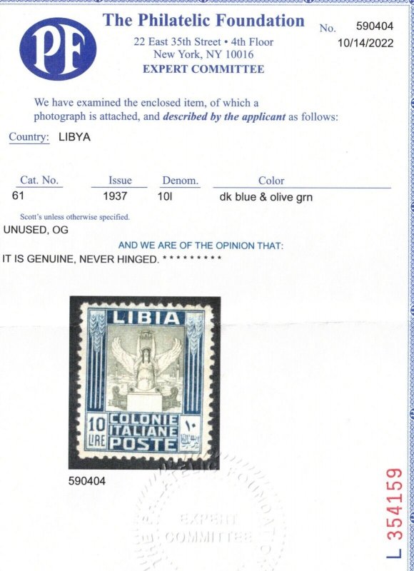 Libya #61 (Sassone #145) Extra Fine Never Hinged **With Certificate**