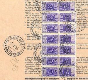 ITALY 1956 Parcel Card 10L BLOCK{14} Postage Dues *Mantova* Switzerland  AX25