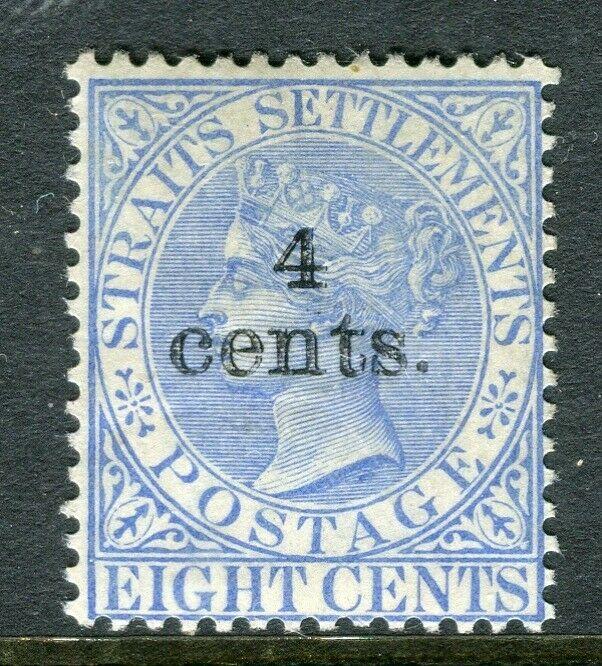 STRAITS SETTLEMENTS; 1898 early QV surcharged Mint hinged Shade of 4 CENTS