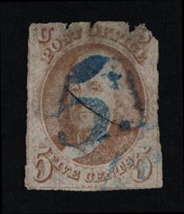 VERY AFFORDABLE GENUINE SCOTT #1 USED 1847 RED BROWN - BOLD BLUE NUMERAL CANCEL