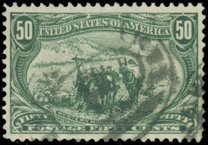 Scott #291 50¢ Trans-Miss, Used-XF, Vertical Creases & Repaired Tear, SCV $175!