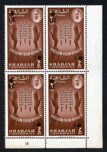 Sharjah 1963 SG39var 20np on 2np CYLINDER block of 4 OVPT INVERTED UM