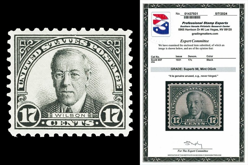 Scott 697 1931 17c Wilson Issue Mint Graded Superb 98 NH with PSE CERT