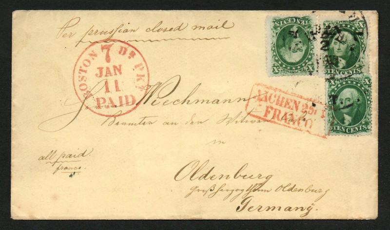 US Scott #32 & 35 x 2 Boston to Oldenburg Rare Destination Closed Mail Rate CDS