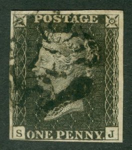 SG 2 1d black plate eleven lettered SJ. Fine used with a black Maltese cross...