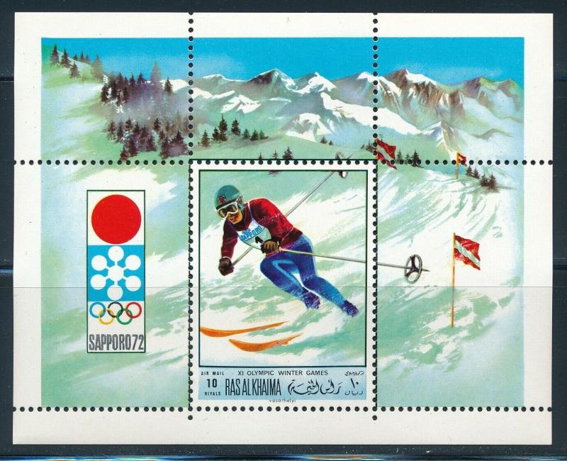 Ras Al Khaima - Sapporo Olympic Games MNH Perf Souvenir Sheet Skiing (1972)