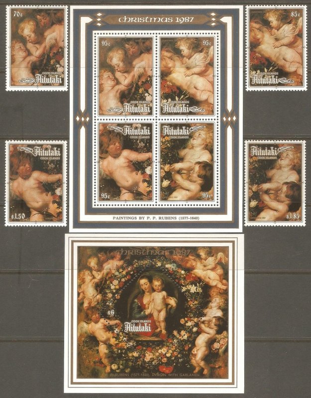 AITUTAKI Sc# 408 - 413 MNH FVF Set4 + 2 x SS Christmas Paintings 1987