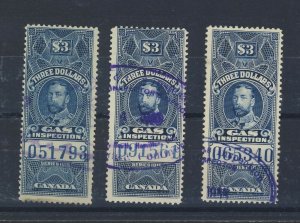 3x Canada Revenue Gas $3.00 Used stamps #FG31 -$3.00 Blue  Guide Value = $21.00