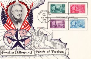 Knapp Fleetwood FDC #930-33 FDR Franklin D. Roosevelt Friend of Freedom 1946