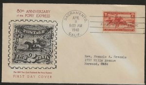 #894 FDC SACRAMENTO CA. Pony Express 80th Anniversary Fidelity Cachet (A736)