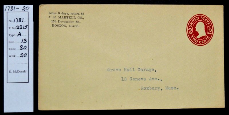 1907 US Sc. #U412 die 1 stamped envelope, mint entire, good shape