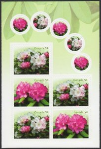 RHODODENDRONS = Back Booklet Page of 5 w/ 5 Stickers Canada 2009 #2319-2320 MNH
