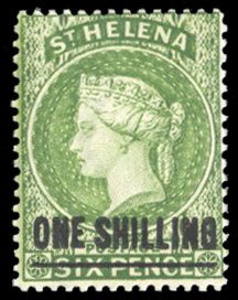 St. Helena #39 Cat$65, 1894 1sh on 6p yellow green, very lightly hinged