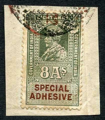 India KGV 8a Special Adhesive Revenue Stamp on piece