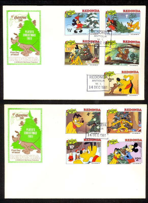 REDONDA 1981 WALT DISNEY CHRISTMAS Set on 2 Cachet FDCs