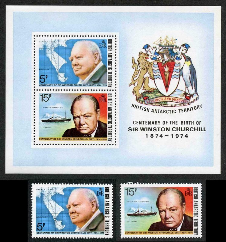 British Antarctic Territory SG61/2 and MS63 1974 Churchill Set Fresh U/M