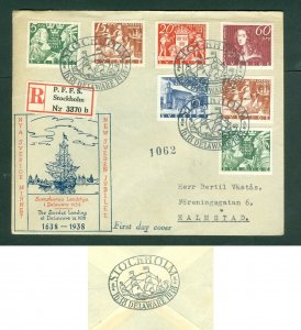 Sweden. 1938  FDC. Cachet. Reg: 3370b. Swedes Delaware 1638-1938. Sc# 268-274.