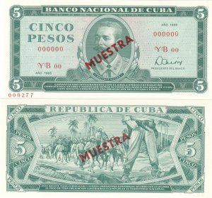 1985 Cuba  Antonio Maceo Specimen 5 Pesos  GEM Crispy UNC